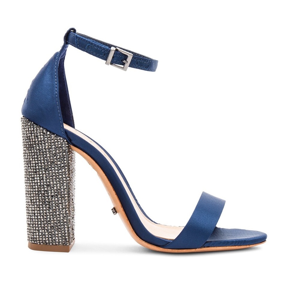 SCHUTZ HARA Blue Leather & Satin Embellished Heels